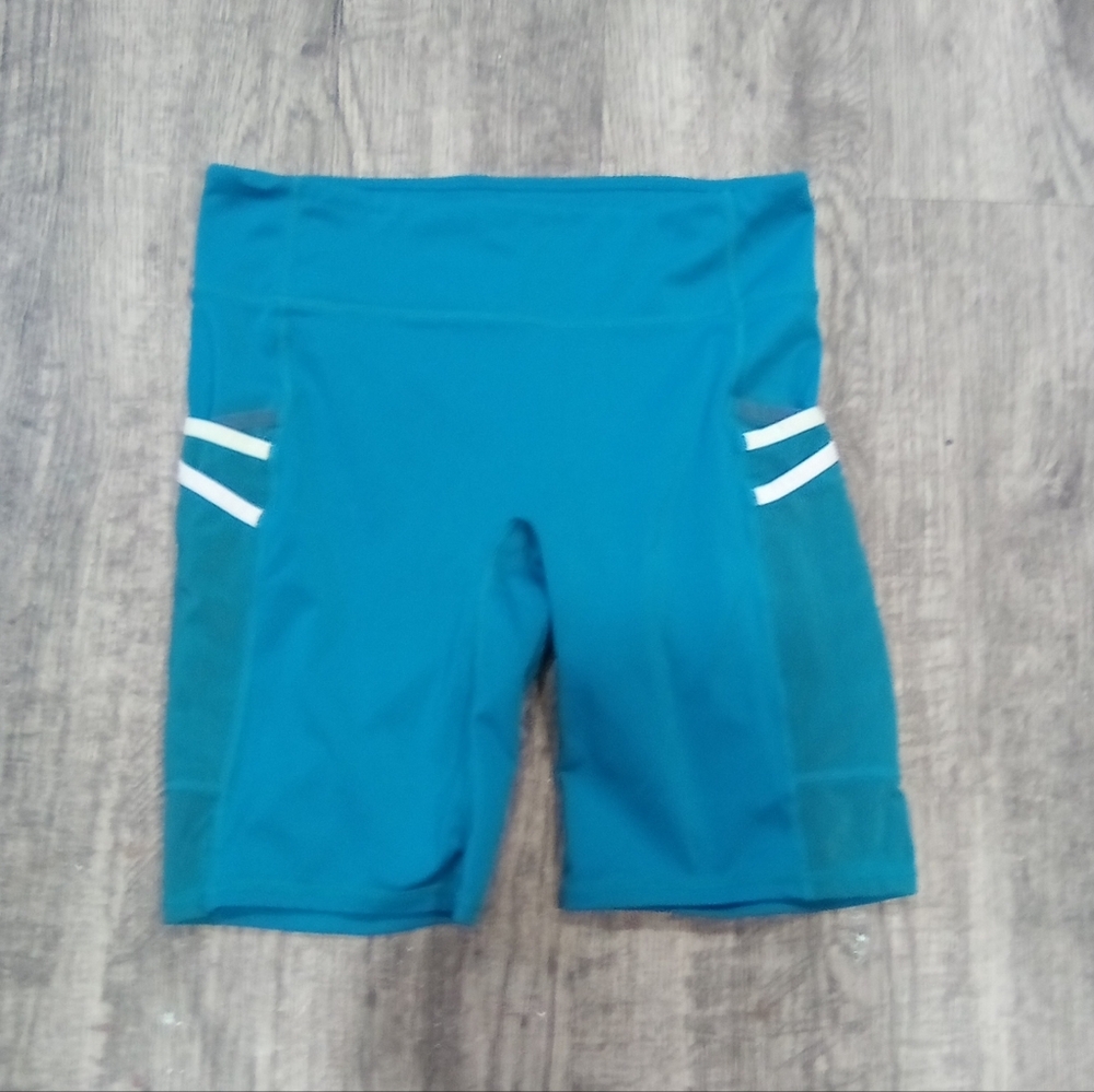 Teal Biker Shorts with White Stripes